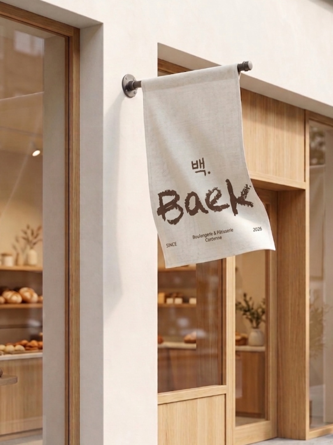 La banderole de lin de Baek, lettrage au pinceau, devant la vitrine de la boulangerie.