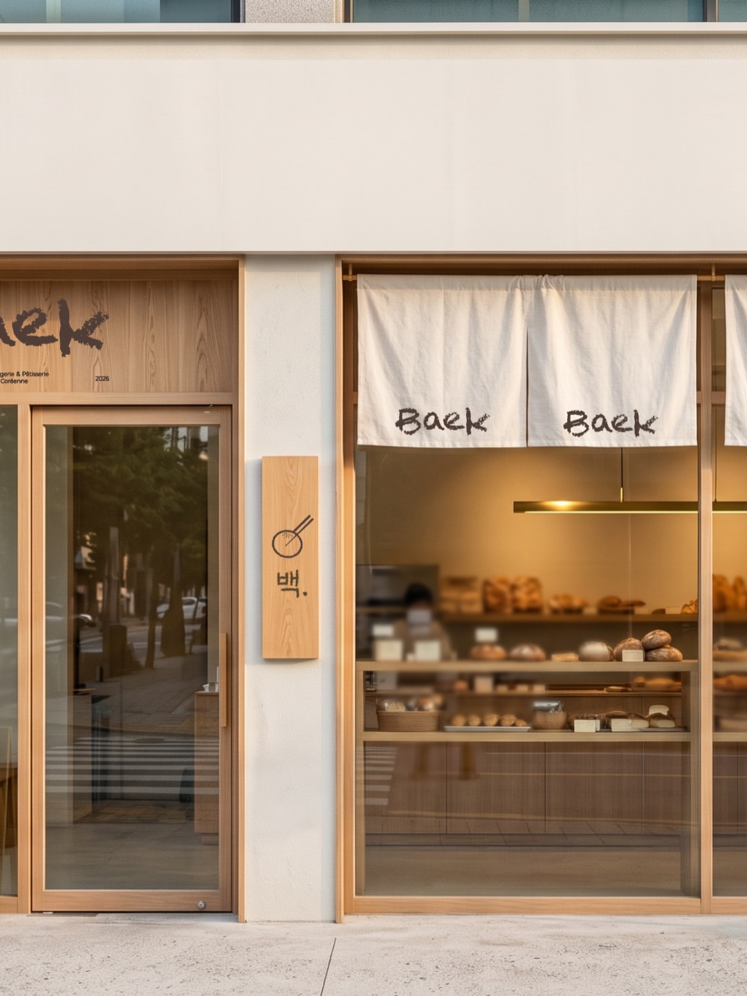 La devanture de Baek : boiseries de frêne clair, noren de lin et vitrine de pains.